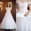 Elegante Weiß Brautkleider 2018 A Linie Off Shoulder Kurze Ärmel Rückenfreies Applikationen Mit Spitze Rüschen Kapelle-Schleppe