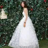 Elegant White Beach Wedding Dresses 2018 Empire Spaghetti Straps Sleeveless Backless Lace Appliques Flower Ruffle Floor-Length / Long
