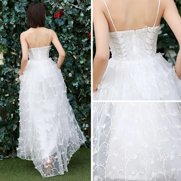 Elegant White Beach Wedding Dresses 2018 Empire Spaghetti Straps Sleeveless Backless Lace Appliques Flower Ruffle Floor-Length / Long