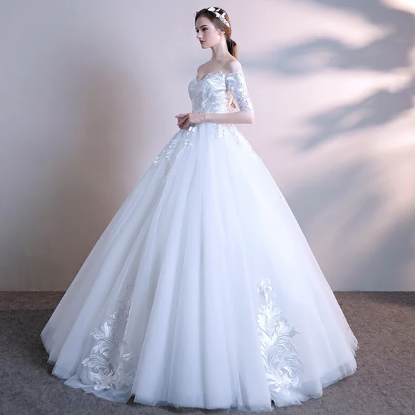 Affordable White Wedding Dresses 2018 Ball Gown Off-The-Shoulder 1/2 Sleeves Backless Embroidered Ruffle Floor-Length / Long