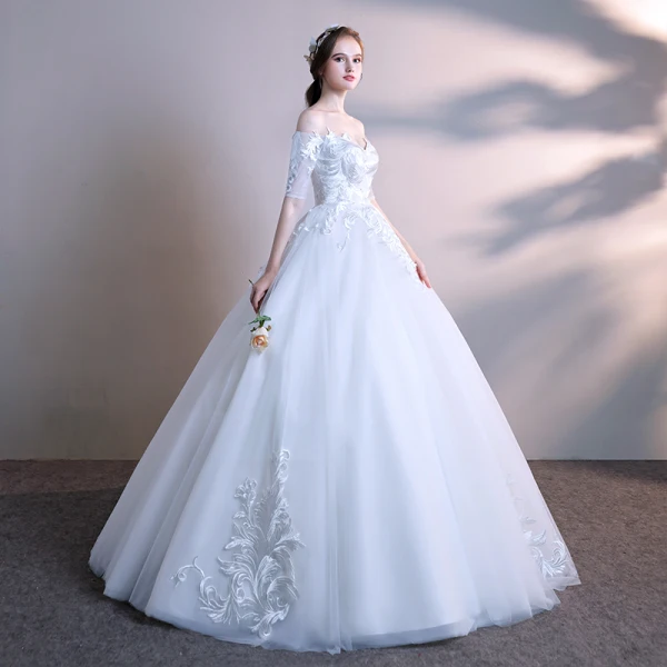 Affordable White Wedding Dresses 2018 Ball Gown Off-The-Shoulder 1/2 Sleeves Backless Embroidered Ruffle Floor-Length / Long