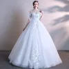 Affordable White Wedding Dresses 2018 Ball Gown Off-The-Shoulder 1/2 Sleeves Backless Embroidered Ruffle Floor-Length / Long