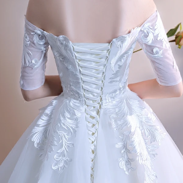 Affordable White Wedding Dresses 2018 Ball Gown Off-The-Shoulder 1/2 Sleeves Backless Embroidered Ruffle Floor-Length / Long