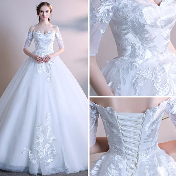 Affordable White Wedding Dresses 2018 Ball Gown Off-The-Shoulder 1/2 Sleeves Backless Embroidered Ruffle Floor-Length / Long