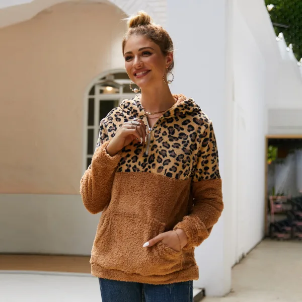 Comfortable Women Khaki Tops Leopard Hoodies 2021 Plush Loose Hooded Long Sleeve Casual Fall Winter Sweatshirts
