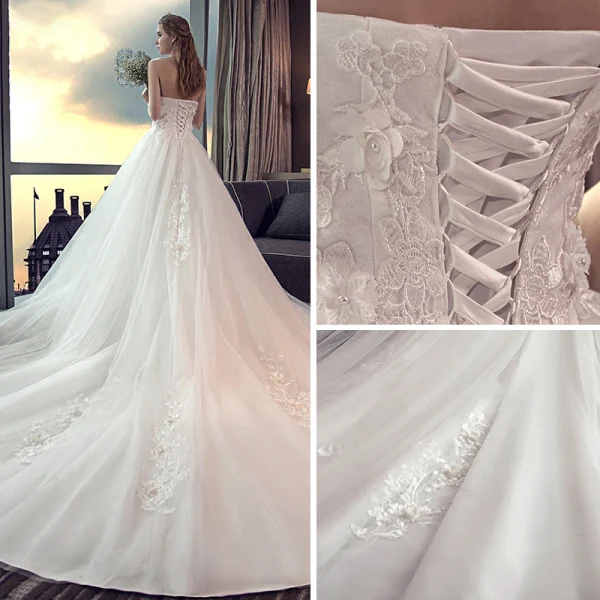 Affordable White Wedding Dresses 2018 A-Line / Princess Strapless Sleeveless Backless Lace Appliques Flower Pearl Ruffle Chapel Train