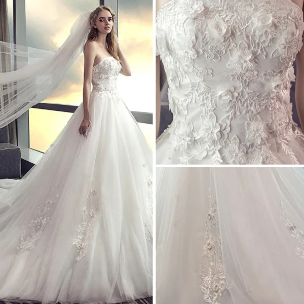 Affordable White Wedding Dresses 2018 A-Line / Princess Strapless Sleeveless Backless Lace Appliques Flower Pearl Ruffle Chapel Train