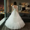 Chic / Beautiful Hall Wedding Dresses 2017 Lace Appliques Pearl Rhinestone Beading Backless Cascading Ruffles V-Neck Short Sleeve Floor-Length / Long White A-Line / Princess