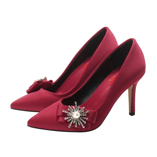 Elegancka Kość Słoniowa Buty Ślubne 2020 Satyna Perła Rhinestone Kokarda 9 cm Szpilki Szpiczaste Ślub Czółenka