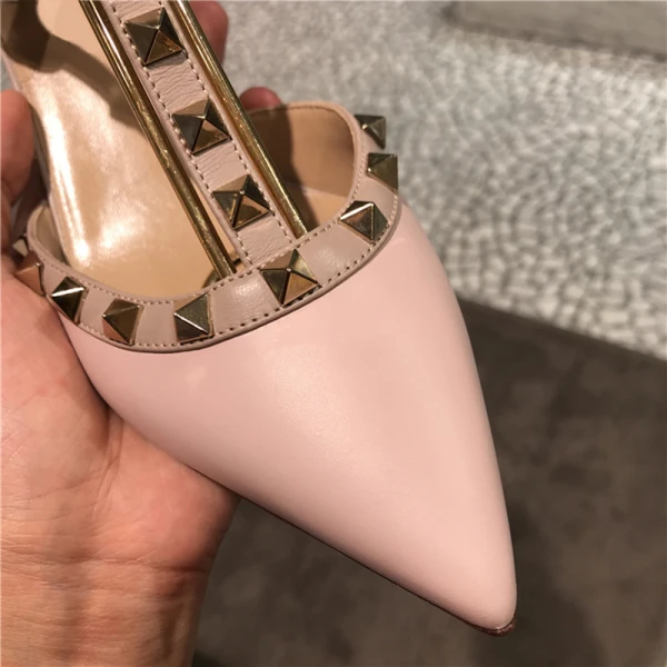 Sexy Black Street Wear Leather Womens Sandals 2020 Rivet 6 cm Stiletto Heels Pointed Toe Sandals