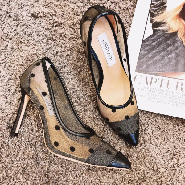Chic / Beautiful Black Summer Casual Pumps 2018 Leather Spotted 10 cm Stiletto Heels Pointed Toe Pumps