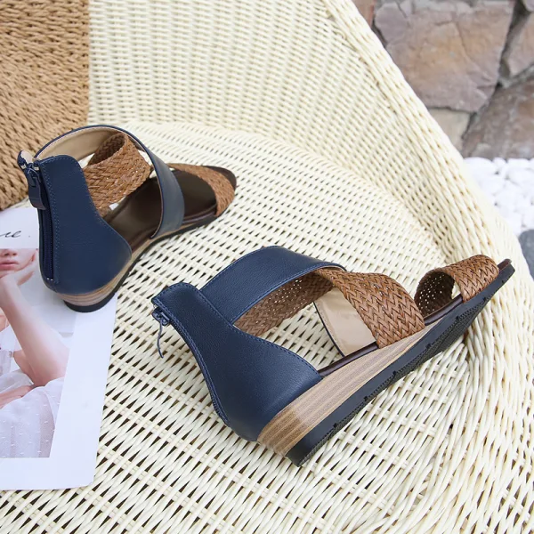 Bohemliv Sommar Röd Stranden Fläta Sandaler Dam 2020 4 cm Låg Klack Peep Toe Sandaler
