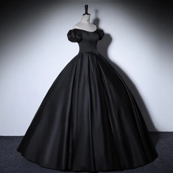 Elegant Black Prom Dresses 2022 Satin Ball Gown Off-The-Shoulder Puffy Short Sleeve Backless Floor-Length / Long Formal Dresses