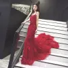 Chic / Beautiful Evening Party Formal Dresses 2017 Evening Dresses  Burgundy Trumpet / Mermaid Lace Flower Shoulders Sleeveless