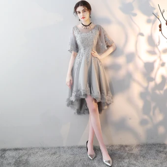 High Low Grey See Through Homecoming Graduation Dresses 2018 A Line Princess Scoop Neck Short Sleeve Appliques Lace Asymmetrical Backless Formal Dresses
