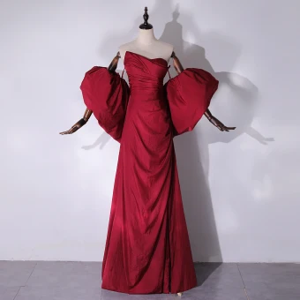 Unusual Burgundy Split Front Satin Prom Dresses 2024 A Line Princess Strapless Short Sleeve Backless Floor Length Long Prom Formal Dresses