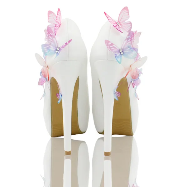 Chic / Beautiful White Wedding Shoes 2018 Leather Butterfly Rhinestone 14 cm Stiletto Heels Round Toe Wedding Pumps