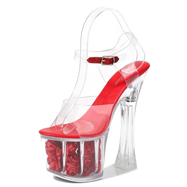 Transparent Été Blanche Jardin / Extérieur Cristal Sandales Femme 2020 17 cm Talons Épais Peep Toes / Bout Ouvert Sandales