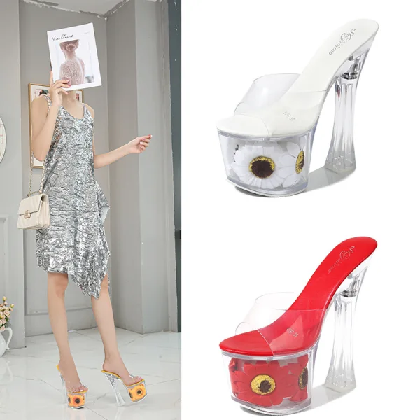 Chic / Beautiful White Summer Outdoor / Garden Crystal Womens Sandals 2020 17 cm Thick Heels Open / Peep Toe Sandals