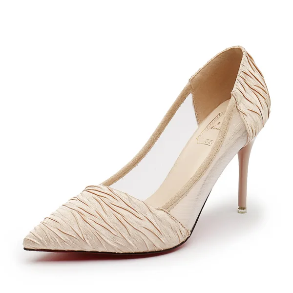 Schöne Beige Strassenmode Plissee Pumps 2020 9 cm Stilettos Spitzschuh Pumps
