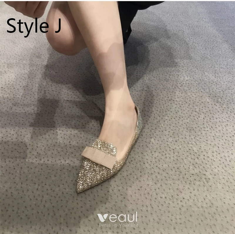 Sparkly Gradient Color Prom Flat Womens Shoes 2020 Sequins Bow Pointed Toe Heels