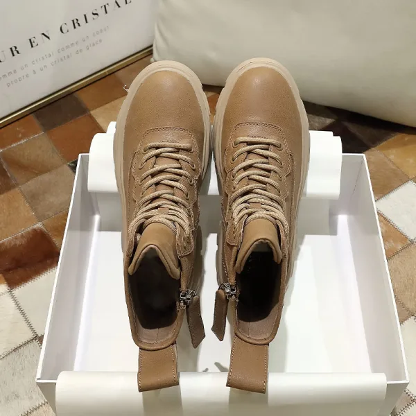 Fashion Chic / Beautiful Winter Tan Street Wear Leather Womens Boots 2020 Ankle Round Toe Boots