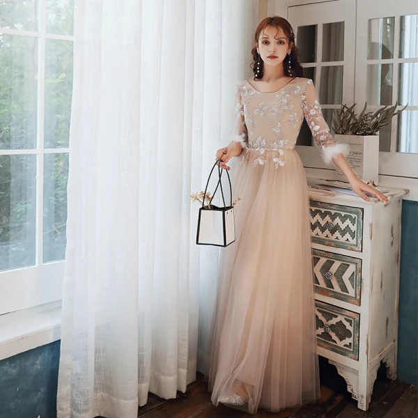 Chinese style Elegant Blushing Pink Embroidered Bridesmaid Dresses 2021 A-Line / Princess Scoop Neck 3/4 Sleeve Floor-Length / Long Wedding Party Dresses