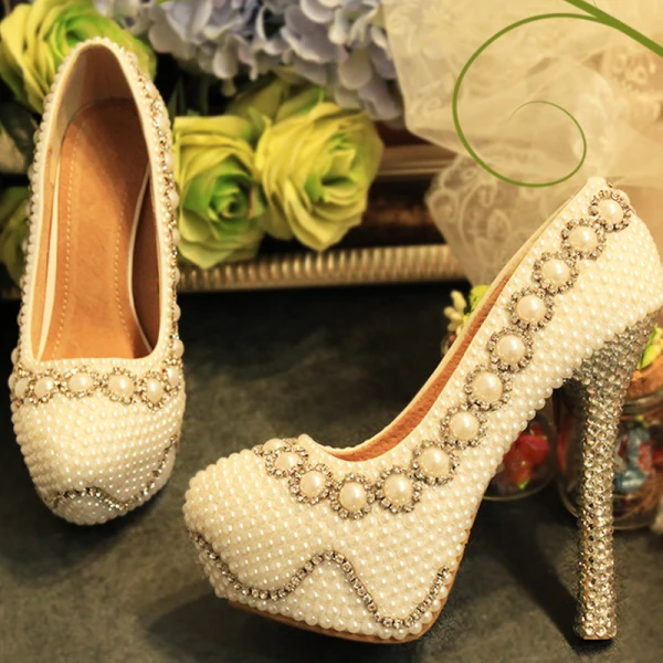 Sexy Ivory Pearl Rhinestone Wedding Shoes 2020 Leather Waterproof 14 cm Stiletto Heels Round Toe Wedding Pumps