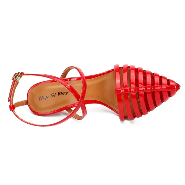 Sexy Noire Club de carnaval Cuir Verni Sandales Femme 2021 X-Strap 12 cm Talons Aiguilles À Bout Pointu Sandales