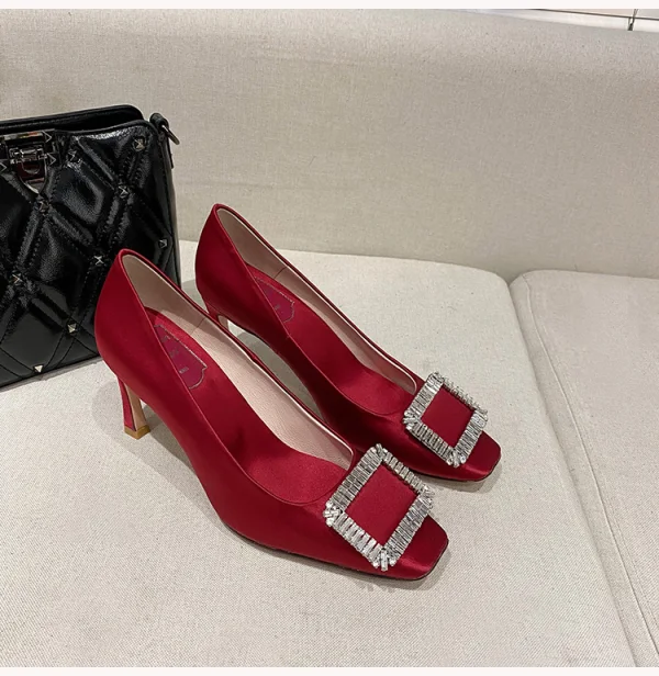 Vintage / Retro Green Silk Satin Prom Rhinestone Pumps 2021 7 cm Stiletto Heels Square Toe High Heels