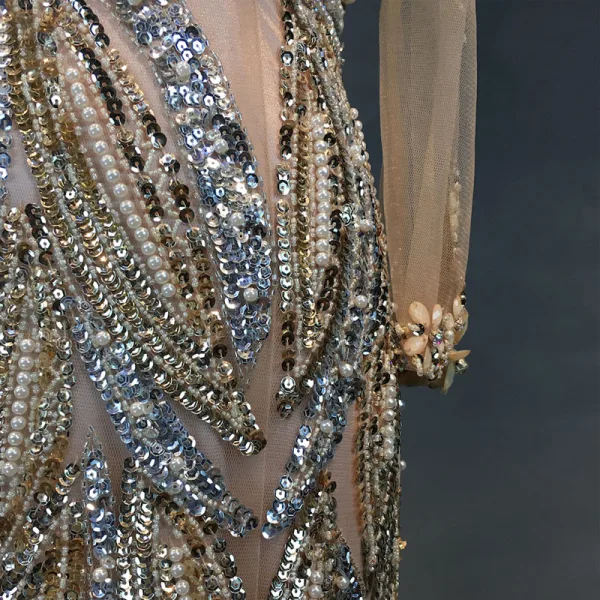Luxury / Gorgeous Champagne Evening Dresses 2018 Trumpet / Mermaid Beading Crystal Pearl Rhinestone Sequins Scoop Neck Long Sleeve Sweep Train Formal Dresses
