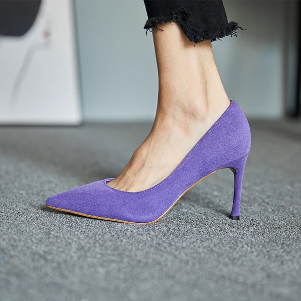 Simple Lilas Bureau OL Daim Escarpins 2021 7 cm Talons Aiguilles À Bout Pointu Escarpins Talons Hauts