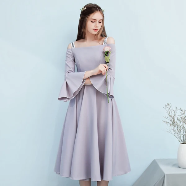 Simple Gris Robe Demoiselle D'honneur 2018 Princesse Sans Manches Dos Nu Thé Longueur Robe Pour Mariage