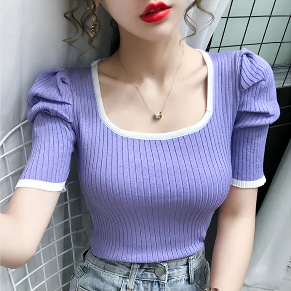 Vintage / Retro Summer Blushing Pink Knitting Tight  T-Shirts 2021 U-Neck Short Sleeve Women's Tops T-shirt