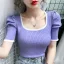Vintage / Retro Summer Blushing Pink Knitting Tight  T-Shirts 2021 U-Neck Short Sleeve Women's Tops T-shirt