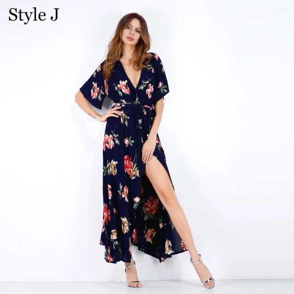 Summer Black Street Wear Beach Floral Maxi Dresses 2021 V-Neck Short Sleeve Women Dresses