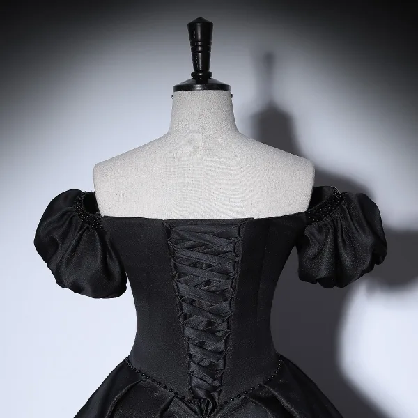 Elegant Black Prom Dresses 2022 Satin Ball Gown Off-The-Shoulder Puffy Short Sleeve Backless Floor-Length / Long Formal Dresses