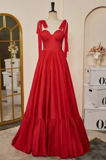 Modest Red Solid Color Prom Dresses 2024 A Line Princess Floor Length Long Ruffle Satin Sweetheart Sleeveless Zipper Up Formal Dresses