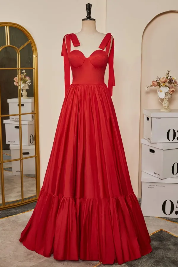 Modest  Red Solid Color Prom Dresses 2024 A-Line / Princess Floor-Length / Long Ruffle Satin Sweetheart Sleeveless Zipper Up Formal Dresses