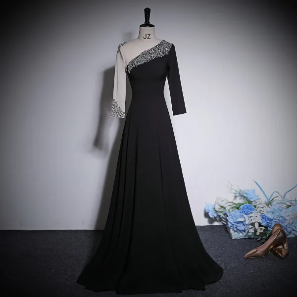 Vintage / Originale Noire Faux Diamant Paillettes Robe De Bal 2023 Princesse V-Cou Manches Longues Longue Promo Robe De Ceremonie