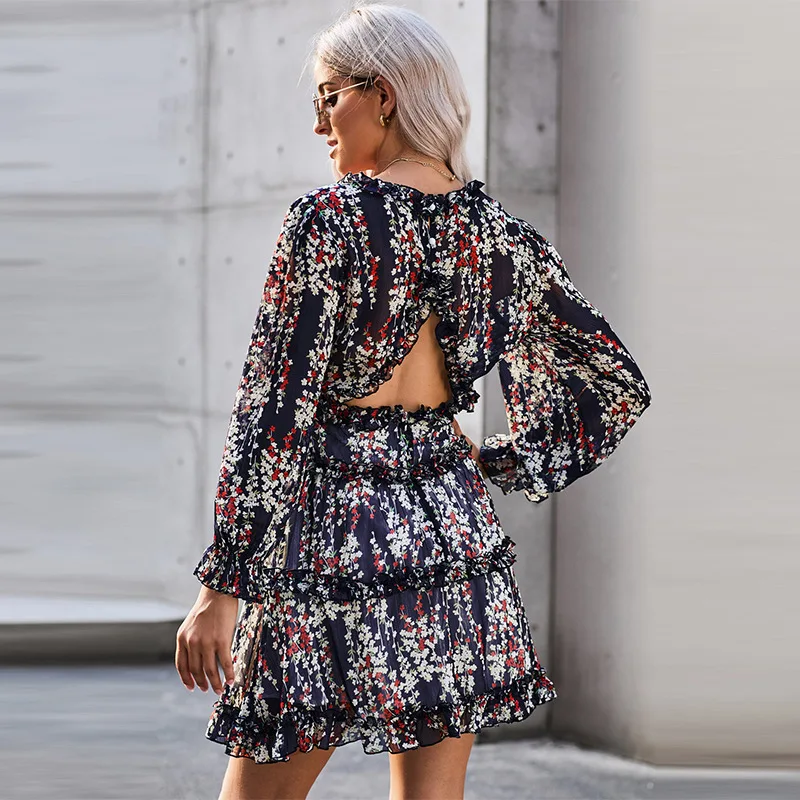 Sexy Summer Resort Wear White Floral Women Dresses 2021 Chiffon V Neck Long  Sleeve Backless Loose