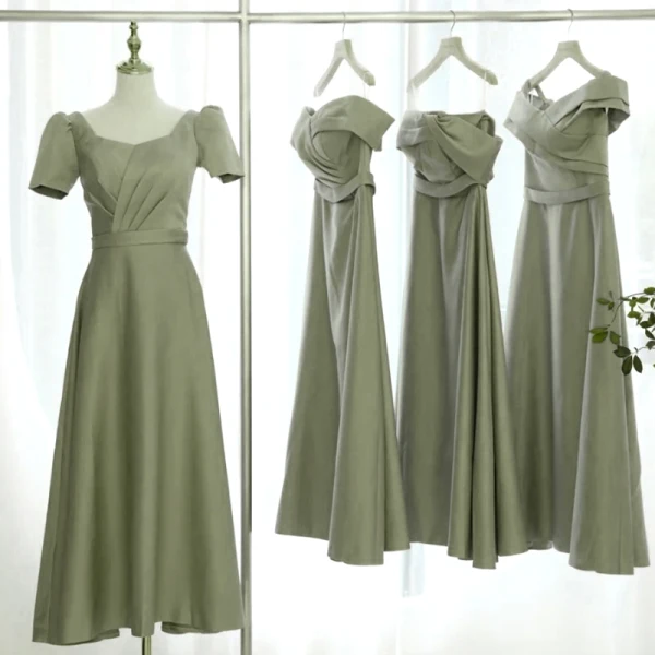 Modest / Simple Sage Green Bridesmaid Dresses 2021 A-Line / Princess Off-The-Shoulder Short Sleeve Floor-Length / Long Bridesmaid Wedding Party Dresses