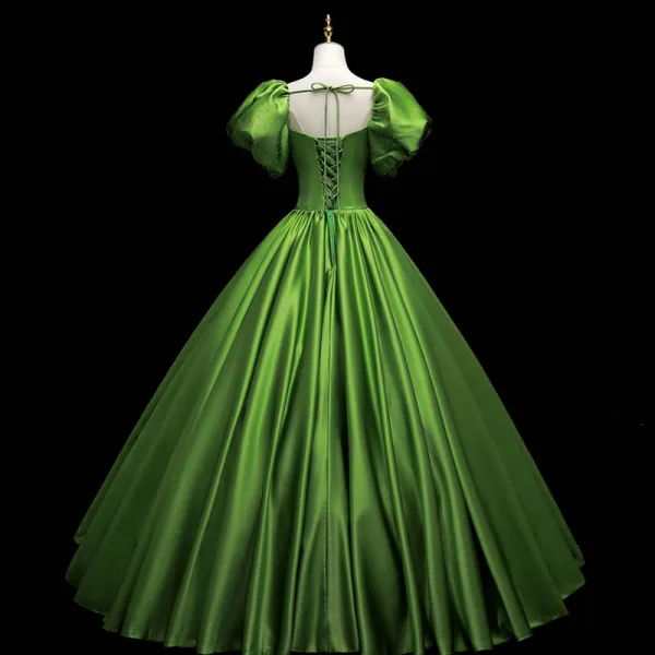 Vintage / Retro Ball Gown Green Satin Prom Dresses 2021 Square Neckline Short Sleeve Backless Floor-Length / Long Formal Dresses