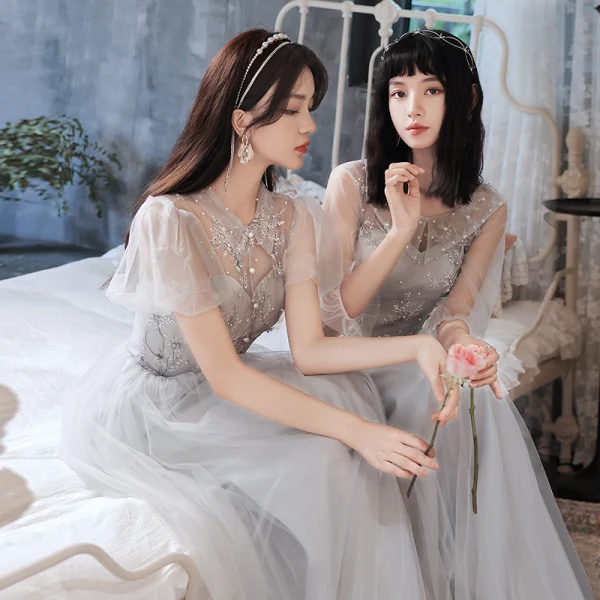 Chic / Beautiful Grey Pearl Lace Flower Bridesmaid Dresses 2021 A-Line / Princess Short Sleeve Backless Floor-Length / Long Bridesmaid Wedding Party Dresses