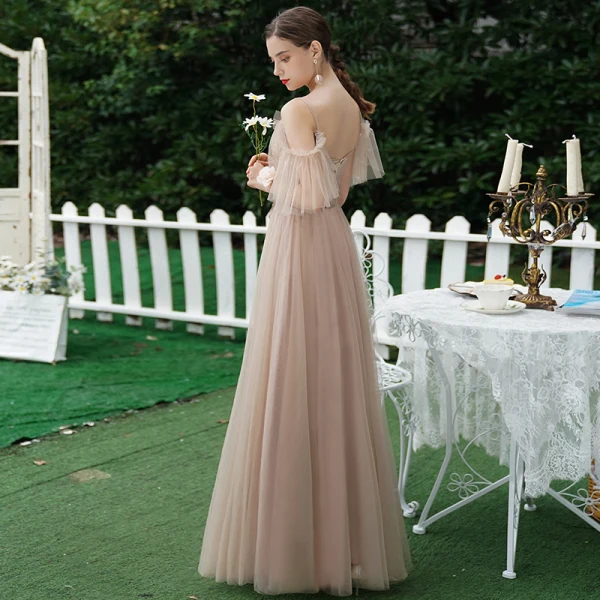 Charming Khaki Beading Sequins Backless Lace Flower Bridesmaid Dresses 2021 A-Line / Princess Short Sleeve Floor-Length / Long Bridesmaid Wedding Party Dresses