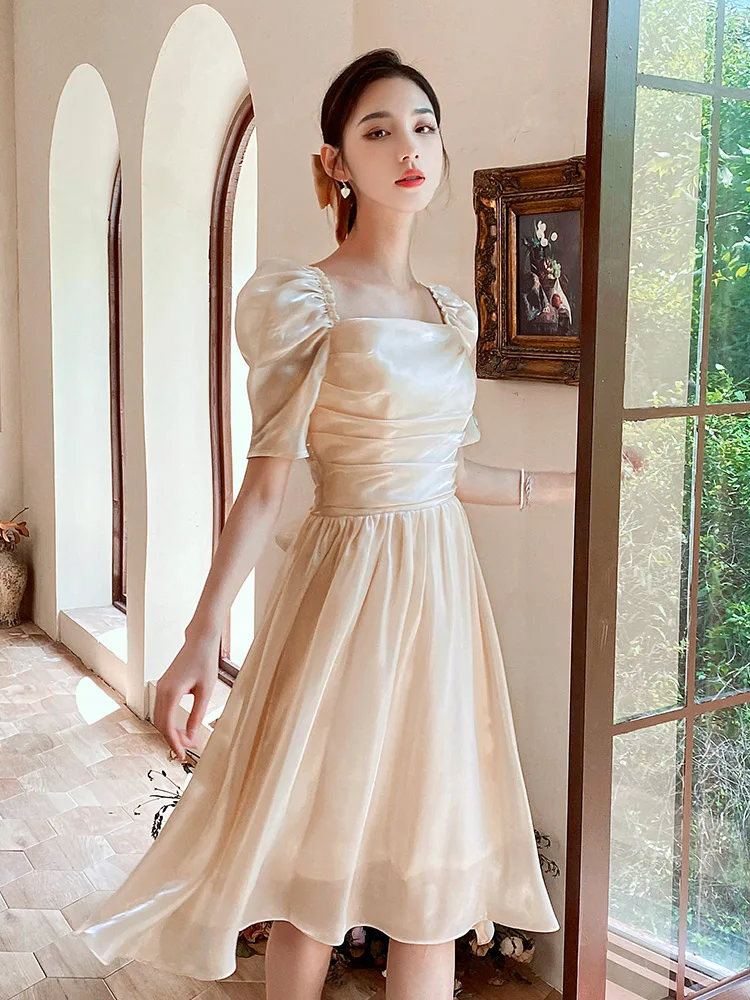 Modest Simple Champagne Bow Bridesmaid Dresses 2021 A-Line Princess Short Sleeve Wedding Modest Simple Champagne Bow Bridesmaid Dresses 2021 A-Line Princess Short Sleeve Wedding