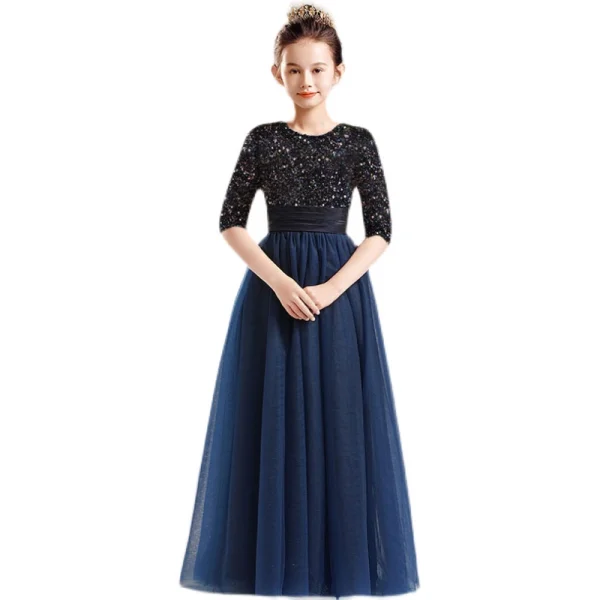 Chic / Belle Bleu Marine Paillettes Robe Ceremonie Fille 2022 Princesse Encolure Dégagée 1/2 Manches Noeud Longue Robe Ceremonie Fille