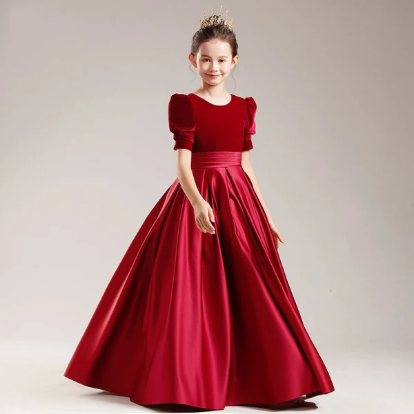 Elegant Black Suede Satin Birthday Flower Girl Dresses 2022 Ball Gown Scoop Neck Short Sleeve Sash Floor-Length / Long Flower Girl Dresses