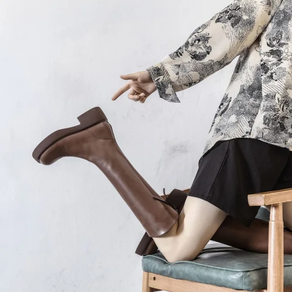 Vintage / Retro Brown Winter Street Wear Womens Boots 2022 Leather Round Toe Waterproof Flat Boots