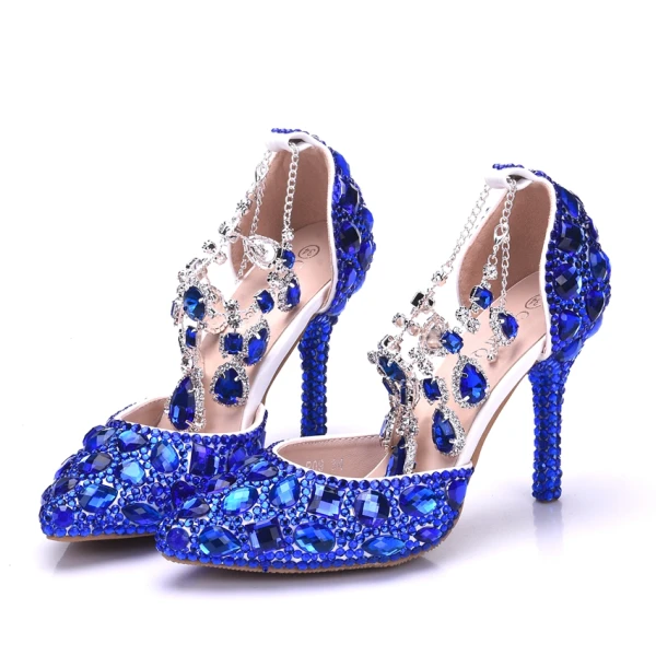 Charming Royal Blue Evening Party Womens Shoes 2018 Crystal Rhinestone Ankle Strap 8 cm Stiletto Heels Pointed Toe High Heels